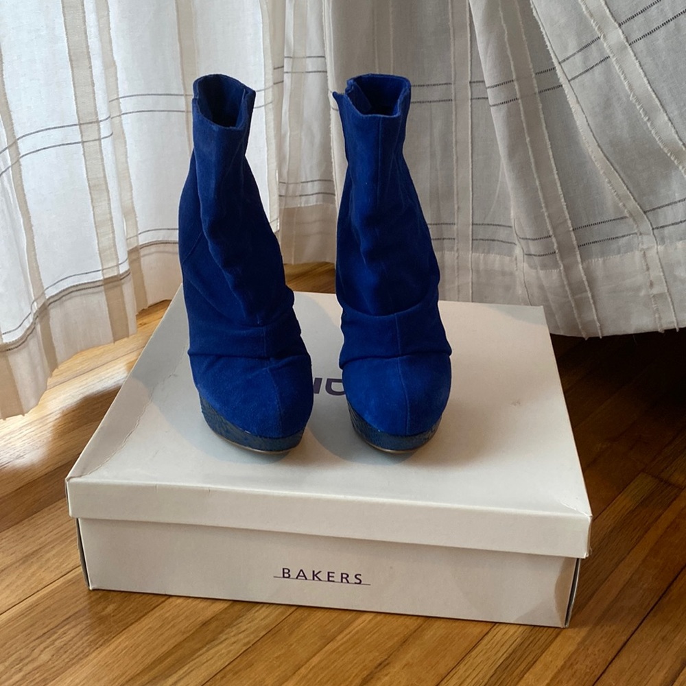 Baker Platform Suede Booties (Torri) in Royal Blue. Size 7. 5 inch heel height